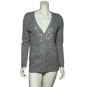 Talbots Gray Wool Blend Sequin Button Front Cardigan Sweater Size M